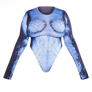 Plus Size Diamante Body Print High Leg Bodysuit